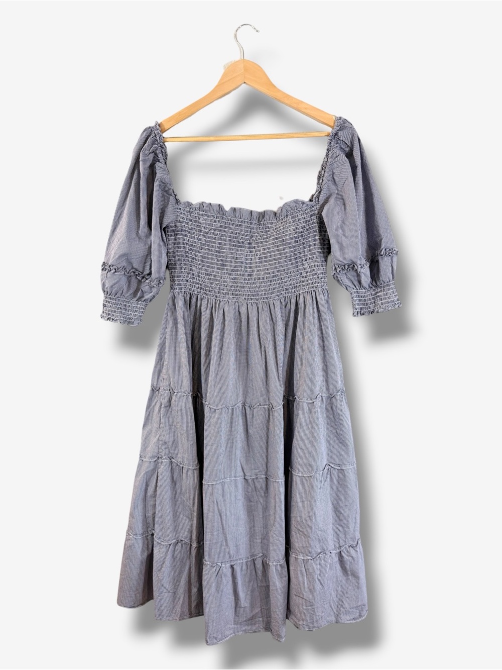 Hill House Nesli Nap Dress Size L Blue White Gingham Tiered Midi Puff Sleeve - Picture 10 of 10